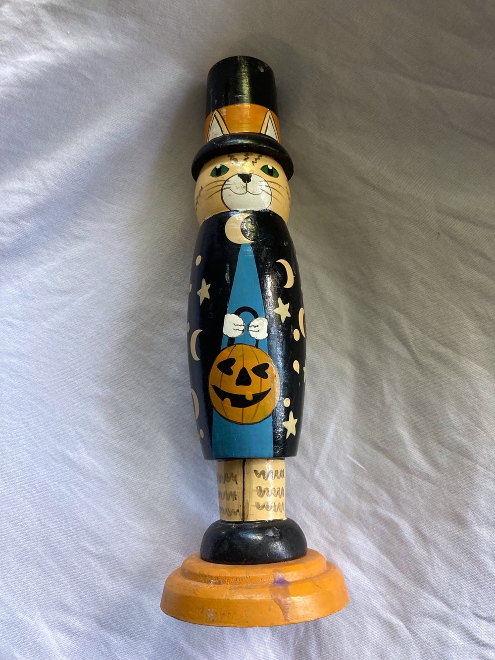 Vintage 90’s Wooden Halloween Black Cat Candle Holder Folk Art Hand Painted Deco